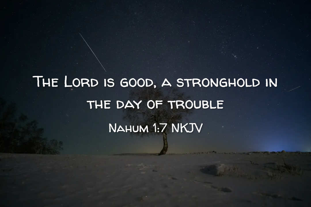 An image of a tree in the deser with the words 'The Lord is good, a stronghold in the day of trouble'